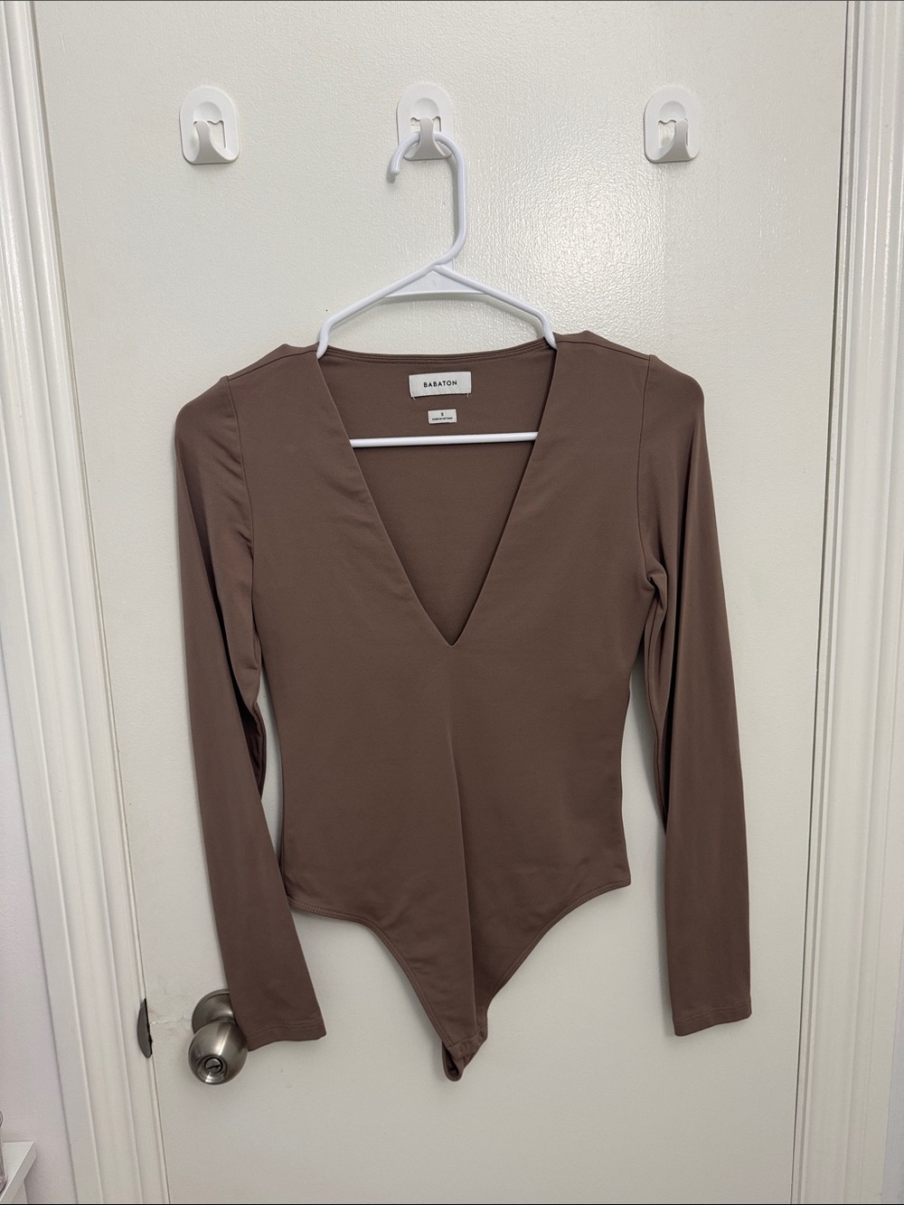 Babaton Taupe Long-Sleeve V-Neck Bodysuit